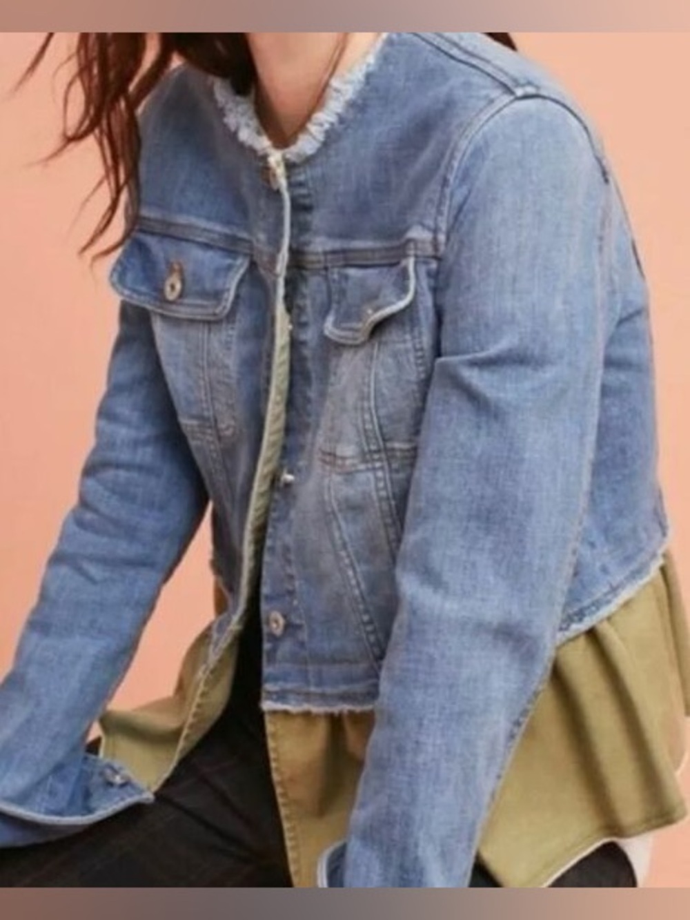PILCRO Anthroplogie Denim Peplum Jacket with Olive Ruffle Size S - Picture 2 of 7